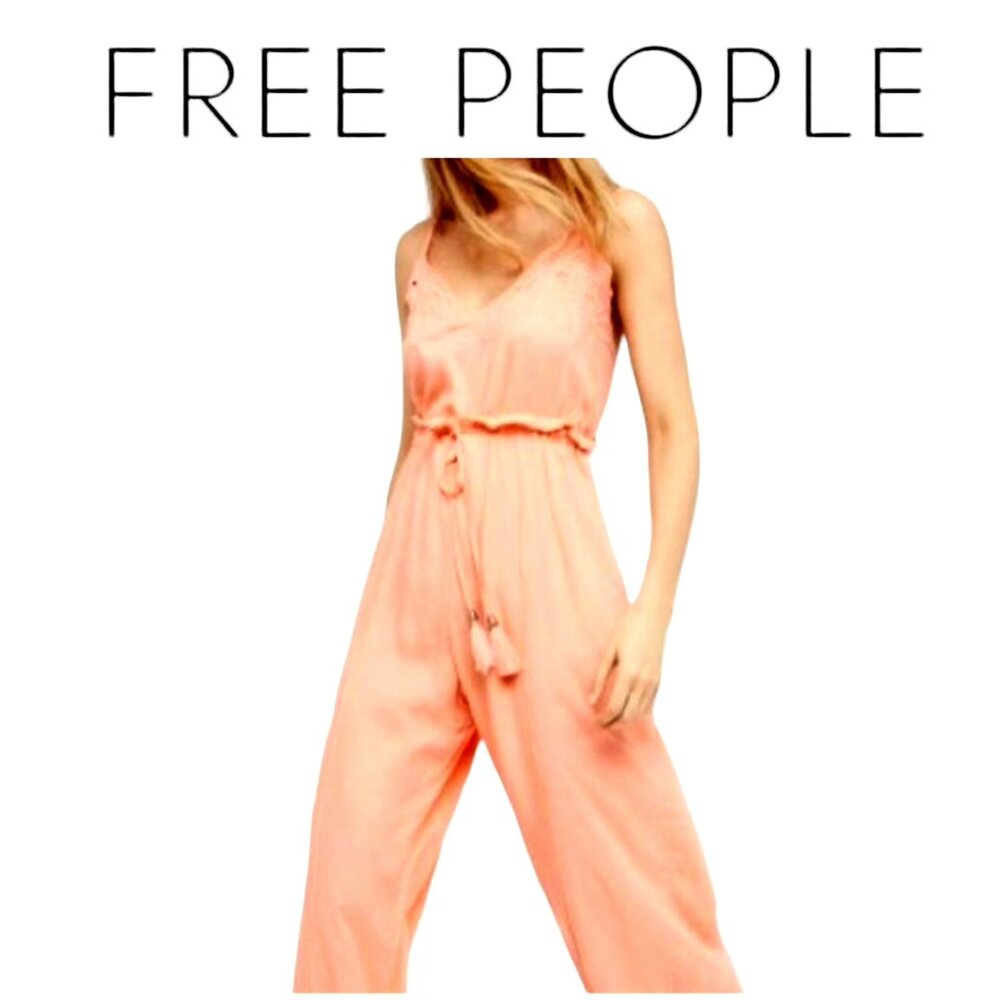 Free People sleeveless peach embroidered boho tie-waist Fonda jumpsuit | in S |